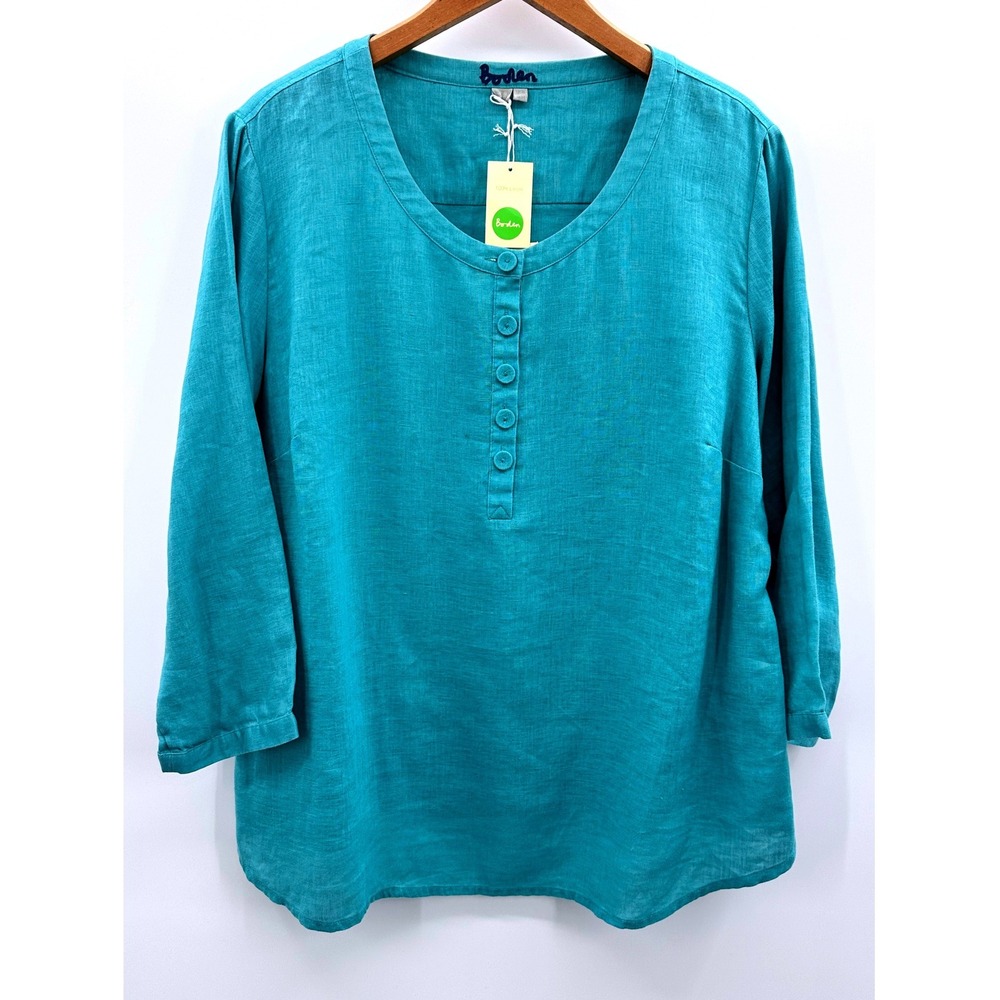 NWT Boden‎ Womens Teal 100% Linen 3/4 Slv Tunic Sz 14 Lagenlook Minimalist Artsy